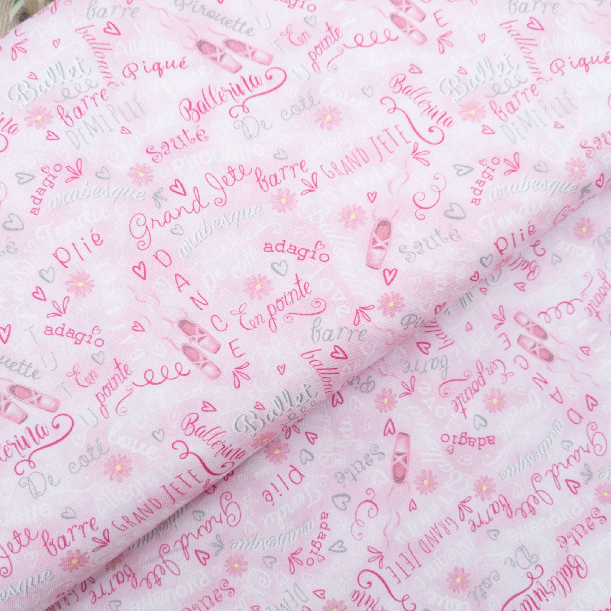 ballet slippers and words on pink cotton fabric - Ballet Bunnies - Timeless Treasures