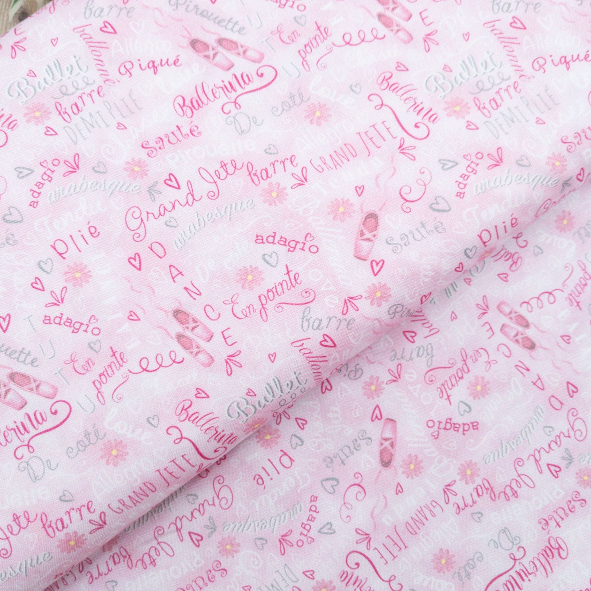 Fabric ballet slippers and words on pink cotton fabric - Ballet Bunnies - Timeless Treasures