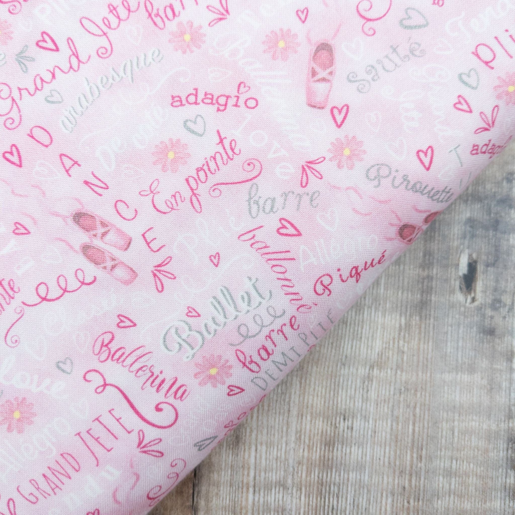 Fabric ballet slippers and words on pink cotton fabric - Ballet Bunnies - Timeless Treasures