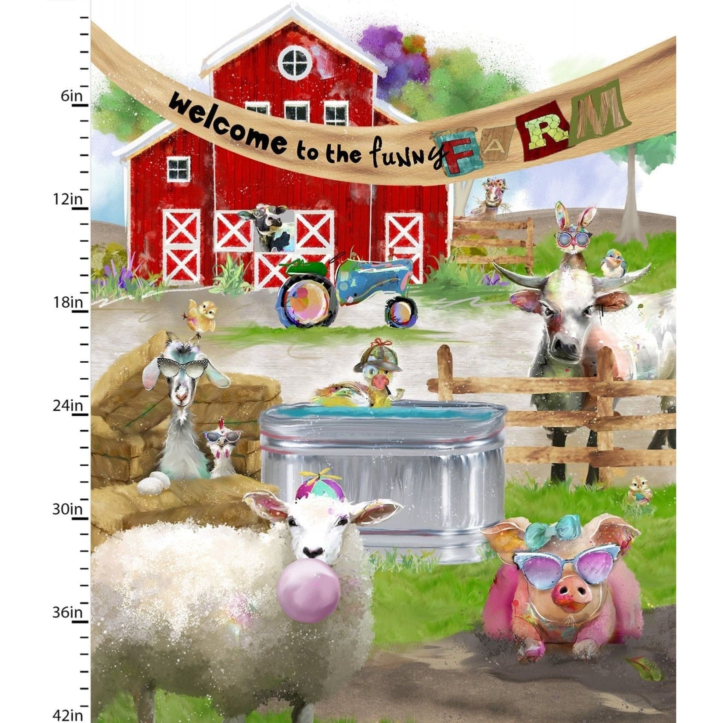 Fabric Barn Scene Funny Farm Animals Panel cotton fabric - 3 Wishes