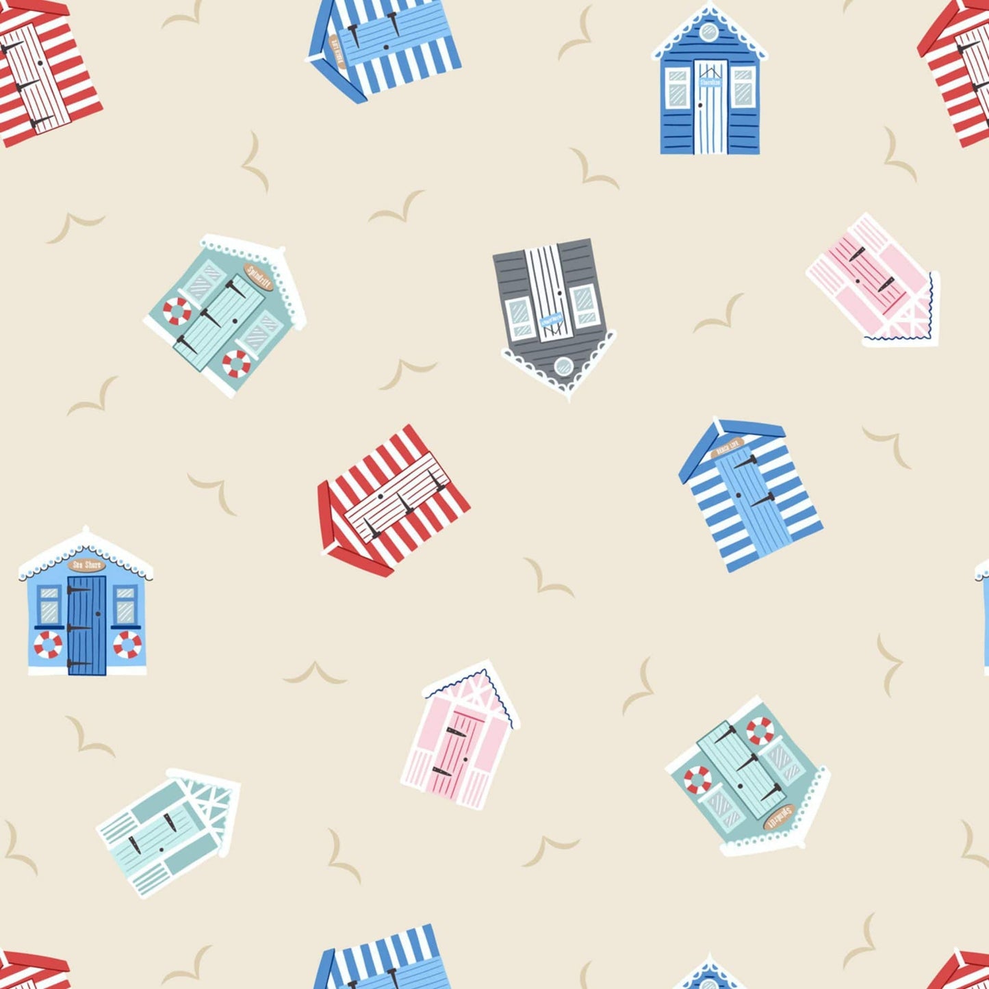 Fabric Beach Huts on cream cotton - Small Thing Coastal - Lewis & Irene
