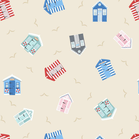 Fabric Beach Huts on cream cotton - Small Thing Coastal - Lewis & Irene