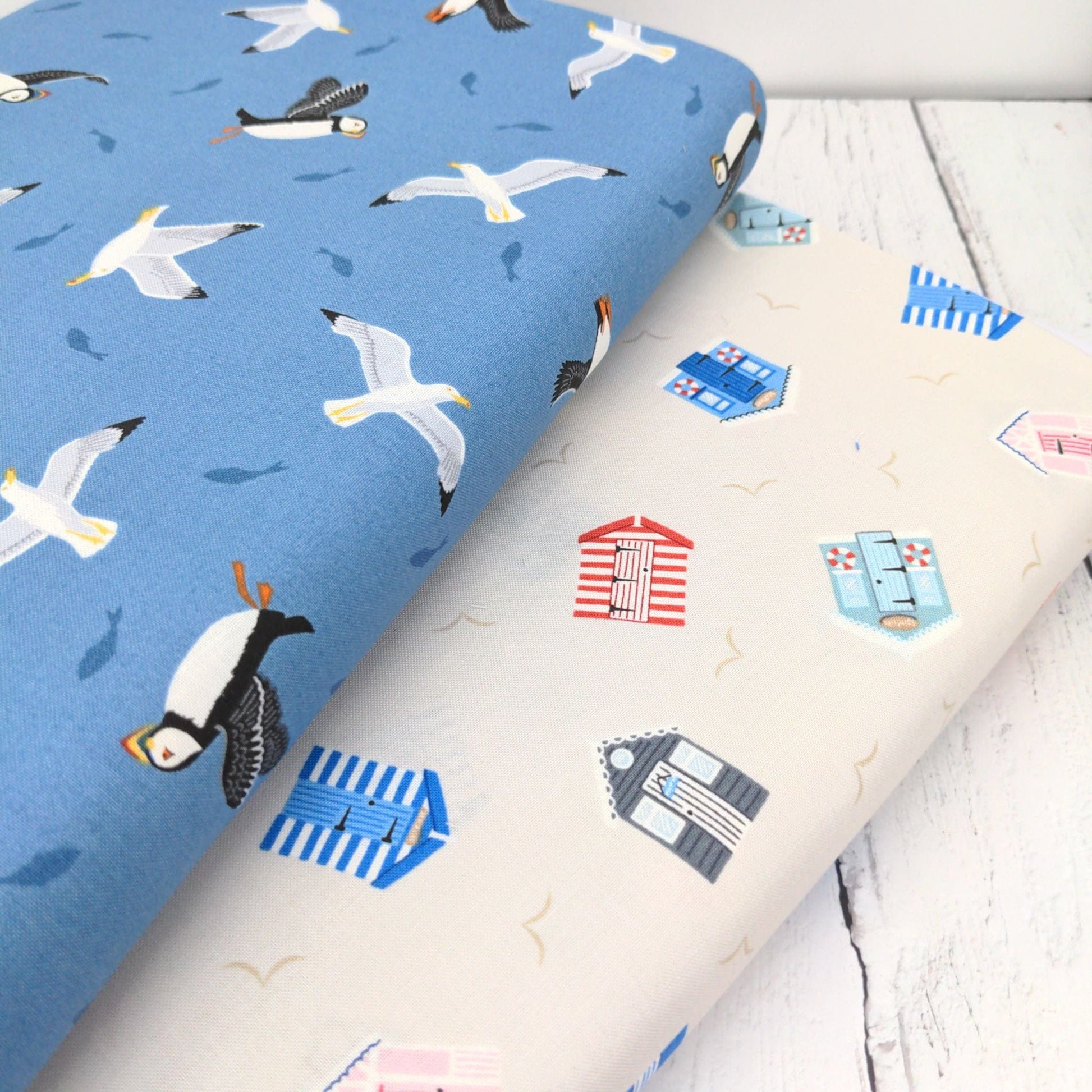 Fabric Beach Huts on cream cotton - Small Thing Coastal - Lewis & Irene