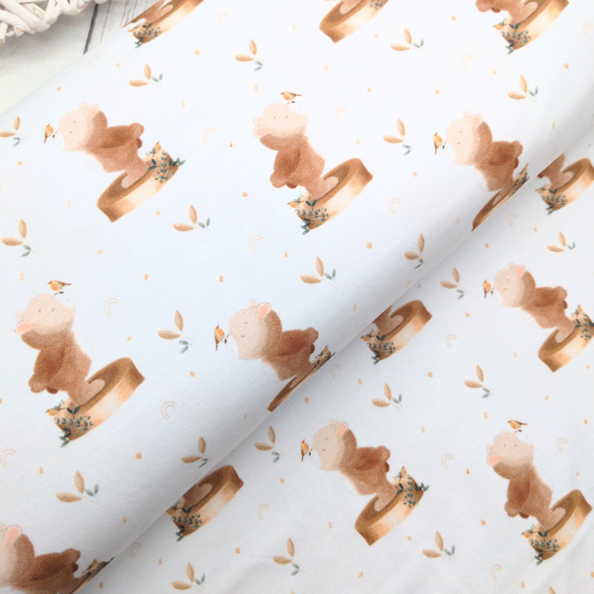 Jersey fabric Bear and robin on white cotton Jersey - 220gsm