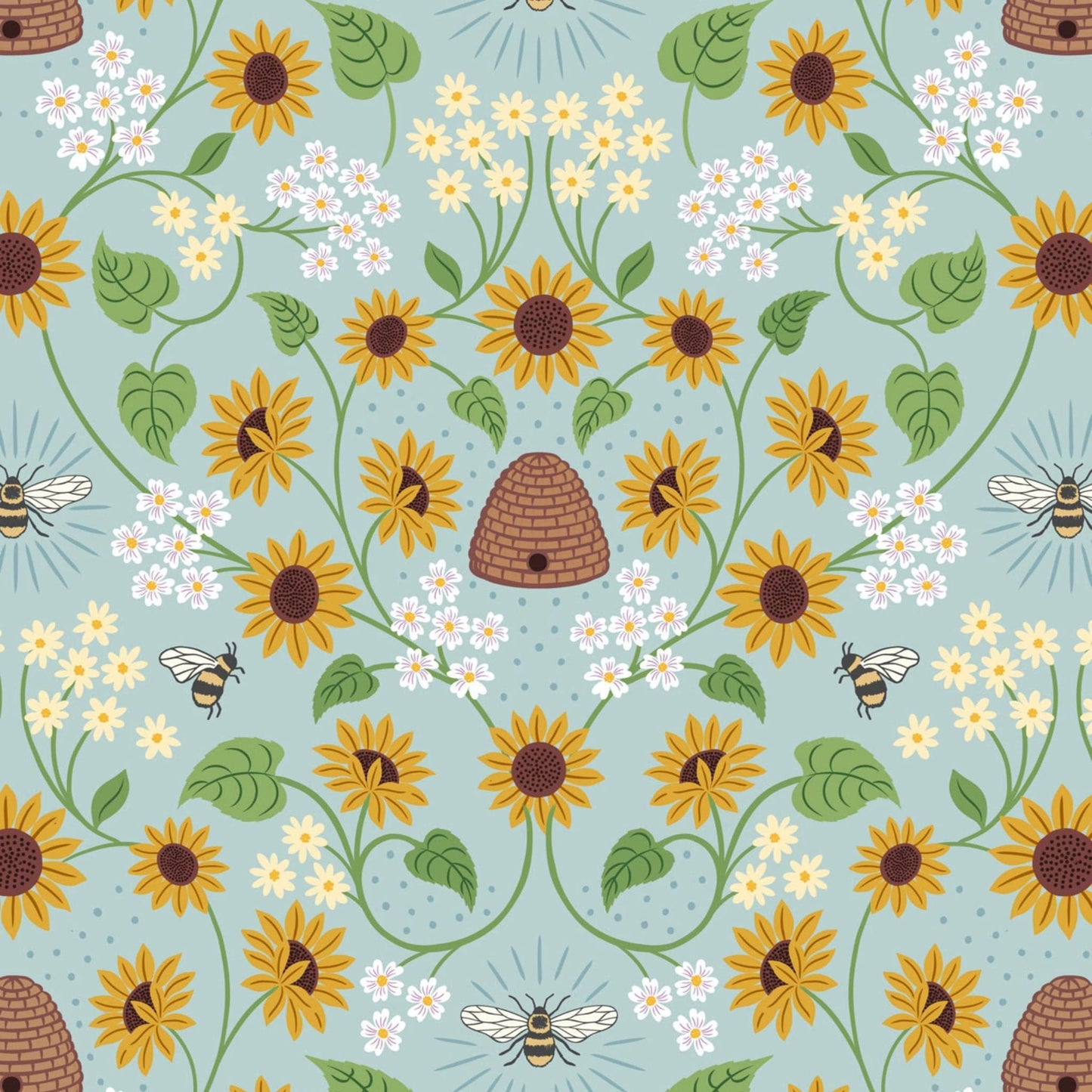 Fabric Beehives and florals on blue cotton - Sunflowers - Lewis & Irene