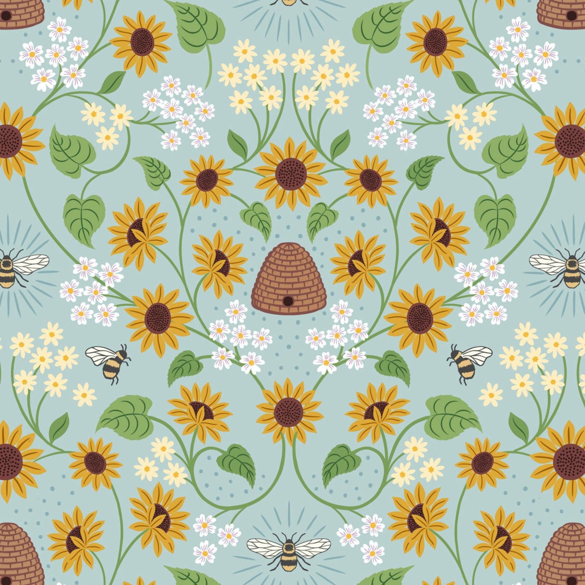 Fabric Beehives and florals on blue cotton - Sunflowers - Lewis & Irene