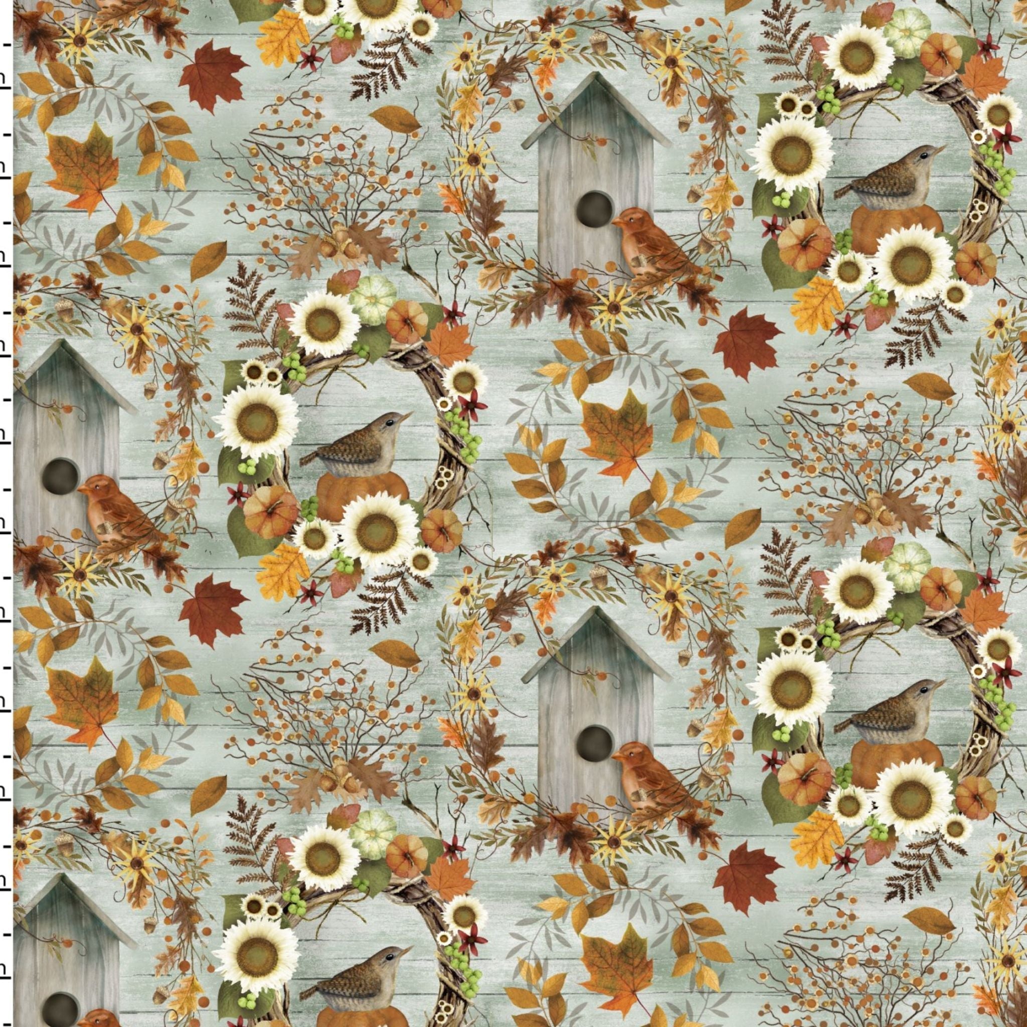 birds and autumn wreaths on whitewashed cotton fabric - The Pick of the Patch by 3 Wishes