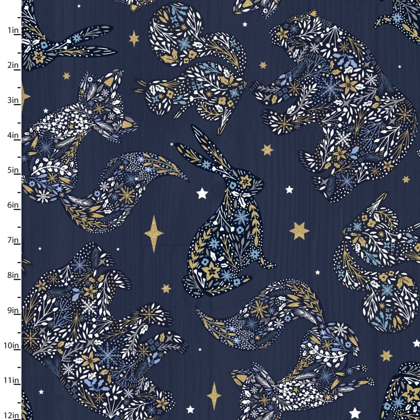 Fabric Birds and Baubles on blue cotton fabric - Majestic Winter - 3 Wishes