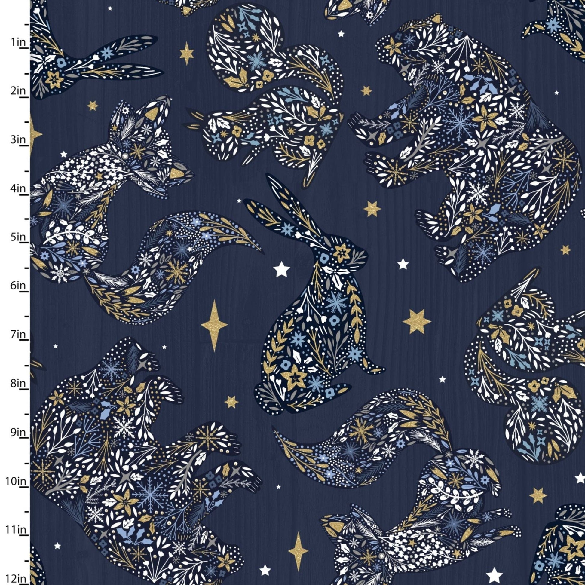 Fabric Birds and Baubles on blue cotton fabric - Majestic Winter - 3 Wishes