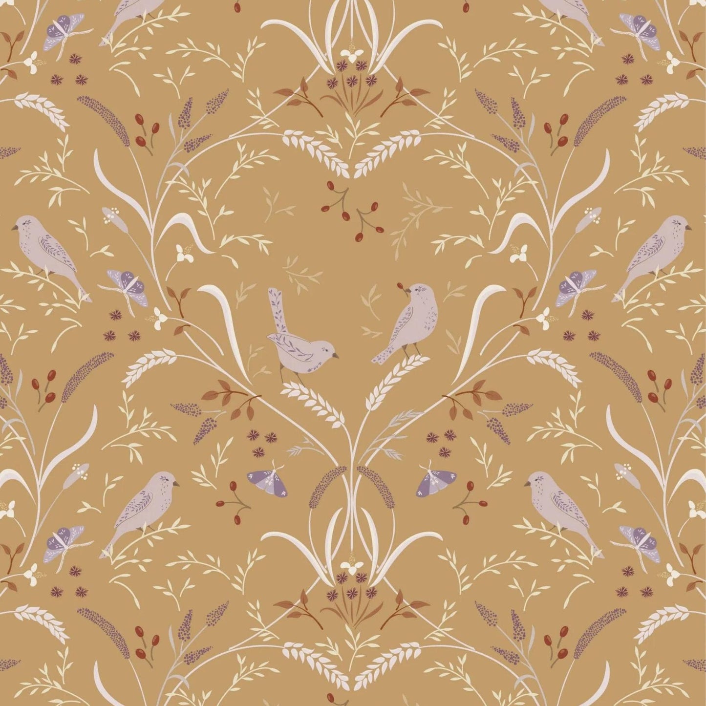Fabric Birds and Butterflies on Mustard Yellow cotton fabric - Meadowside by Lewis & Irene