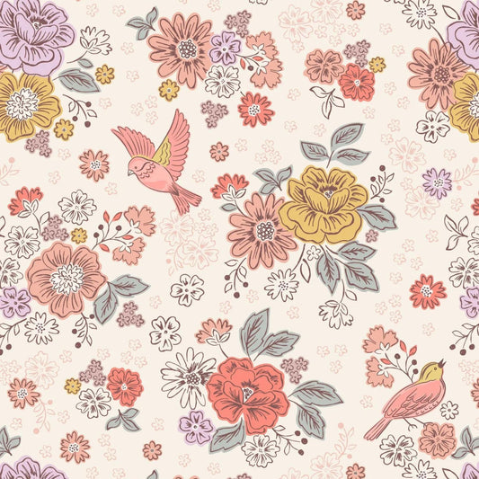 Fabric Birds and flowers on cream cotton fabric - Hannah's Flowers by Lewis & Irene