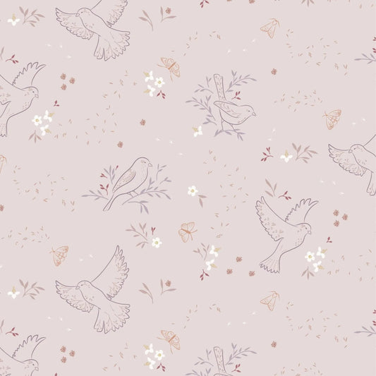 Fabric Birds and Seeds on Dusty Linen cotton fabric - Meadowside by Lewis & Irene