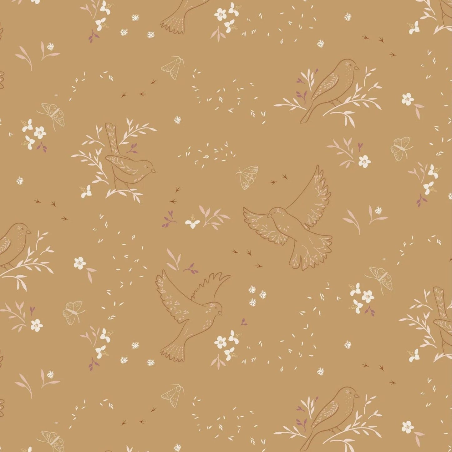 Fabric Birds and Seeds on Mustard Yellow cotton fabric - Meadowside by Lewis & Irene