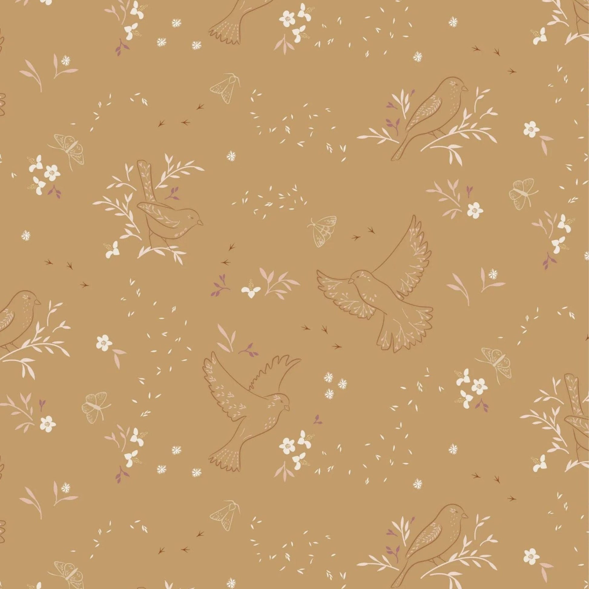 Fabric Birds and Seeds on Mustard Yellow cotton fabric - Meadowside by Lewis & Irene