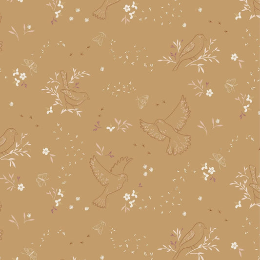 Fabric Birds and Seeds on Mustard Yellow cotton fabric - Meadowside by Lewis & Irene