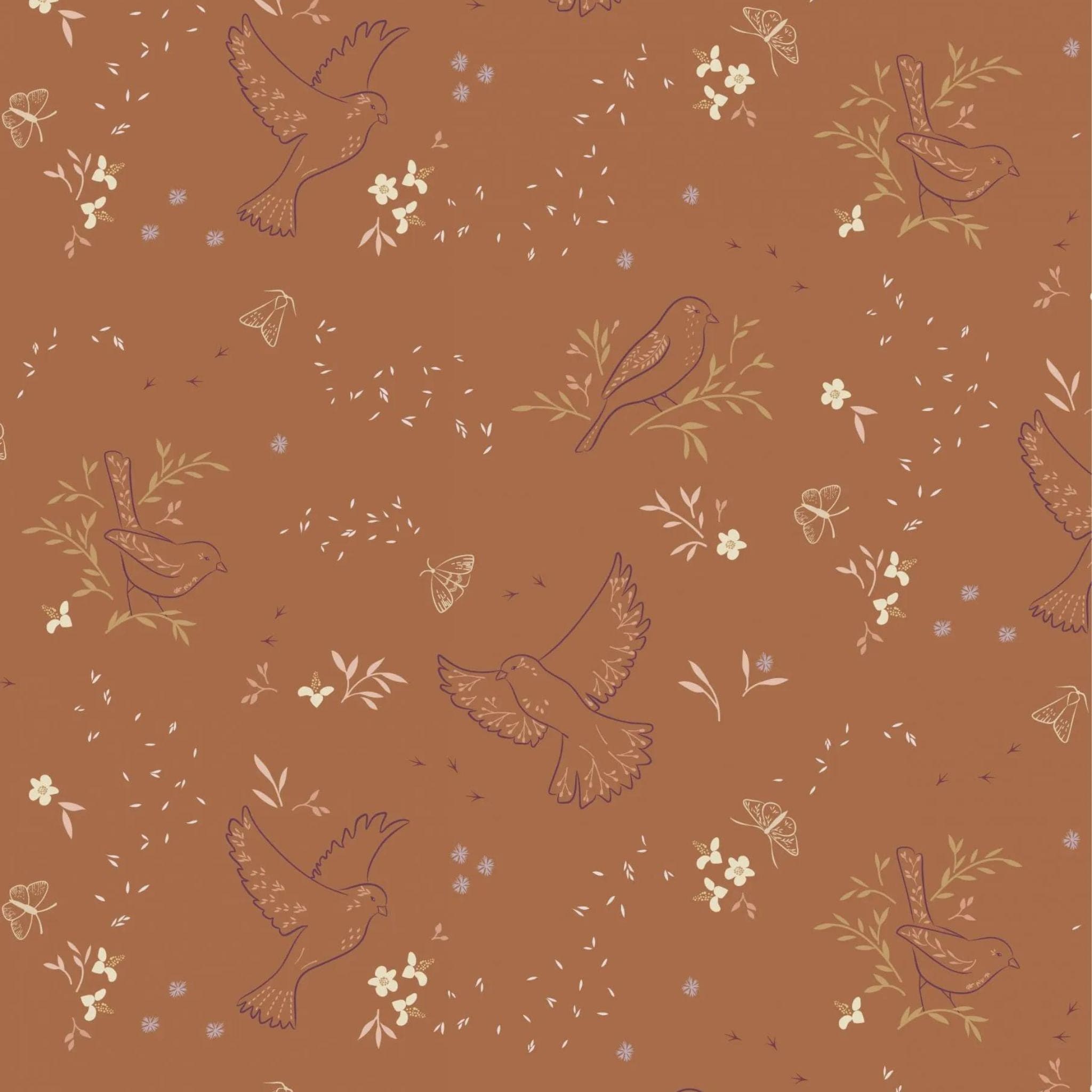 Fabric Birds and Seeds on Rusty Orange cotton fabric - Meadowside by Lewis & Irene