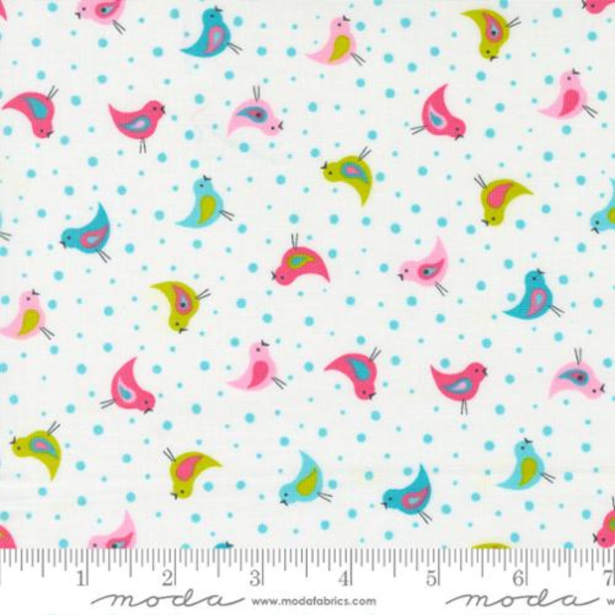 Bright and colourful birds on white fabric - Sweet and Plenty by Moda
