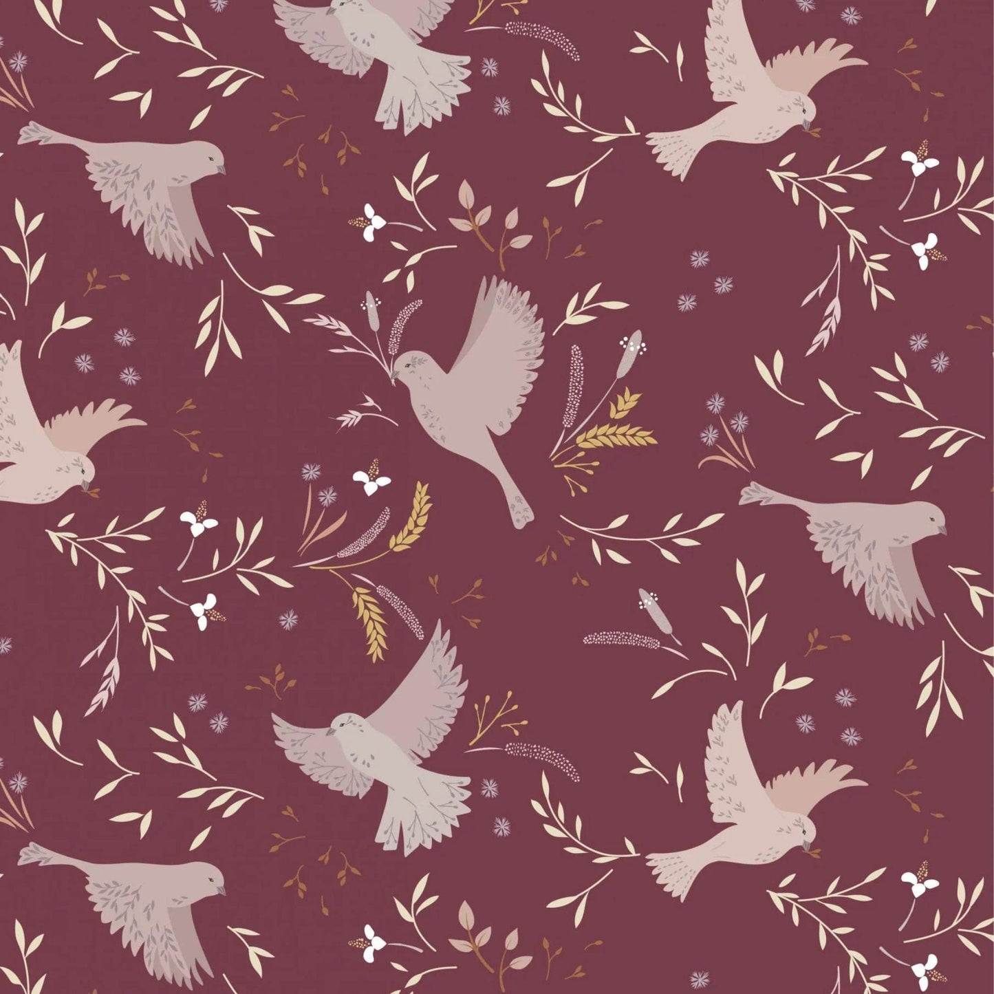Fabric Birds on Wine Red cotton fabric - Meadowside by Lewis & Irene