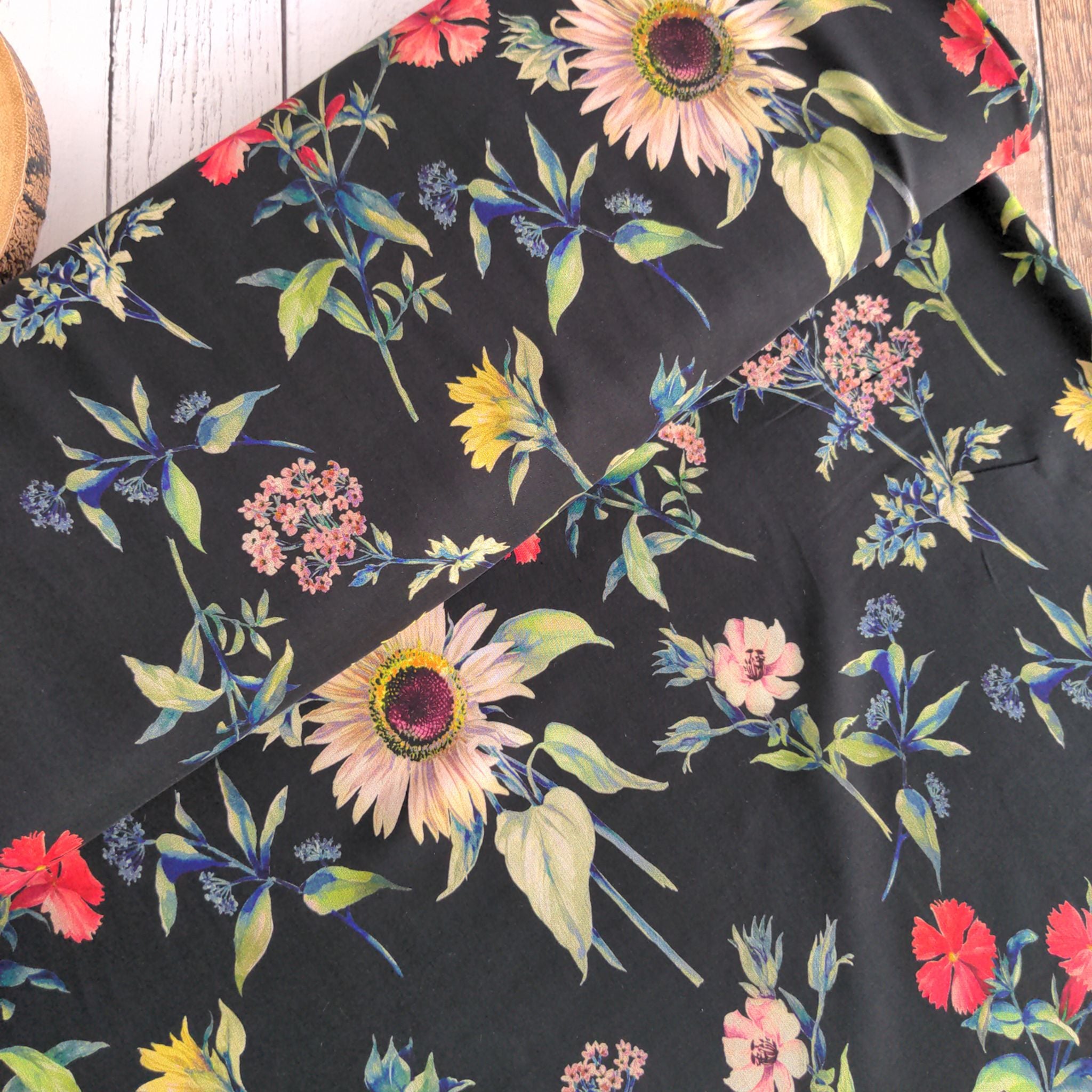 Black large floral viscose dressmaking fabric