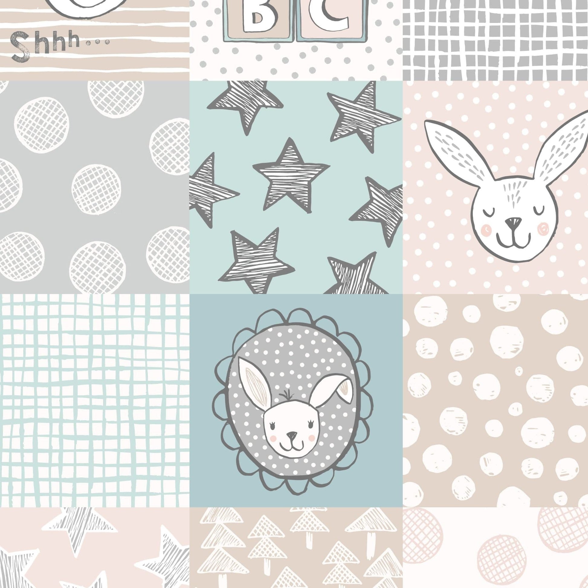 Fabric Blue baby Bella Bunny & Bear cotton fabric by Lewis & Irene