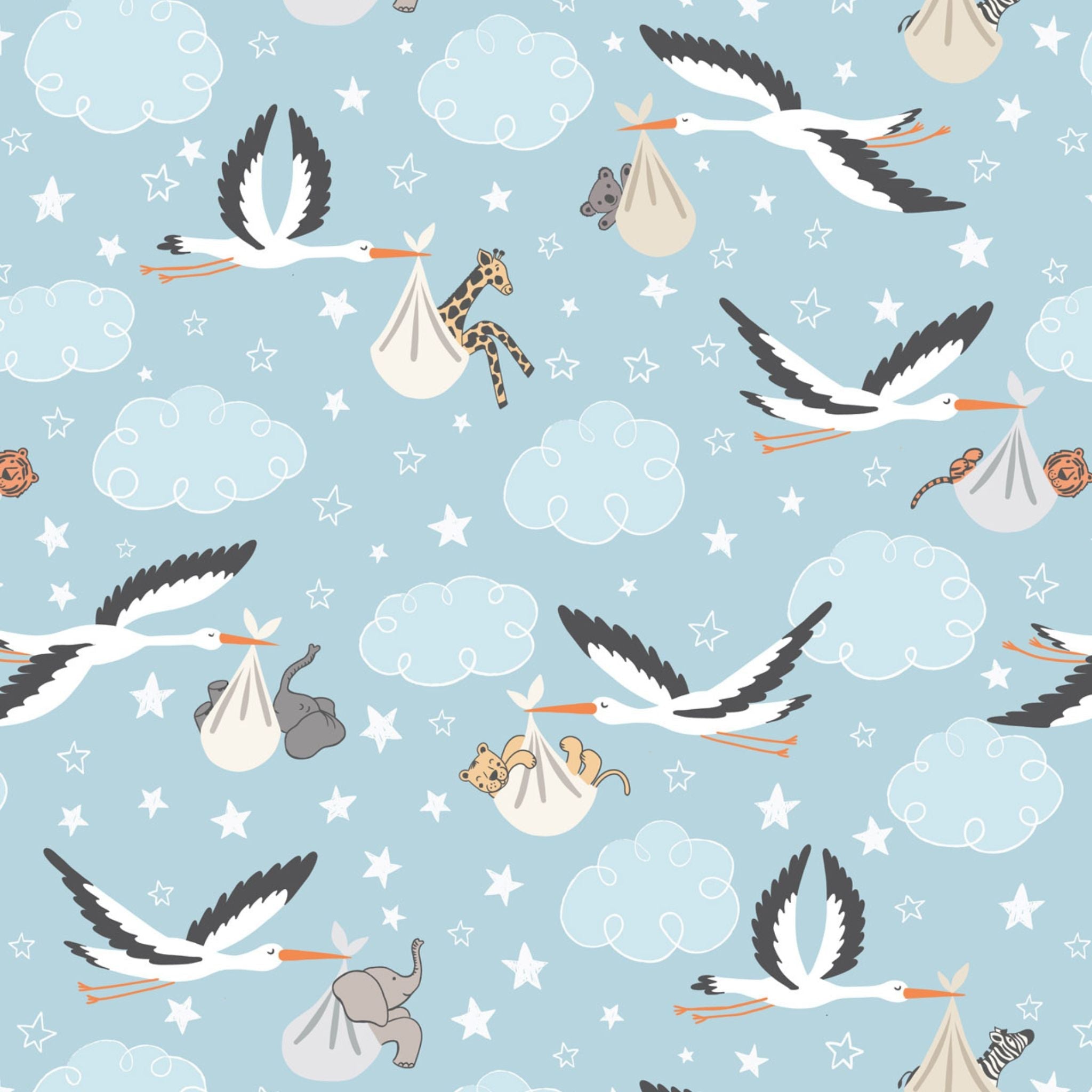 Grey cotton fabric with storks delivering baby animals - Special delivery by Lewis and Irene