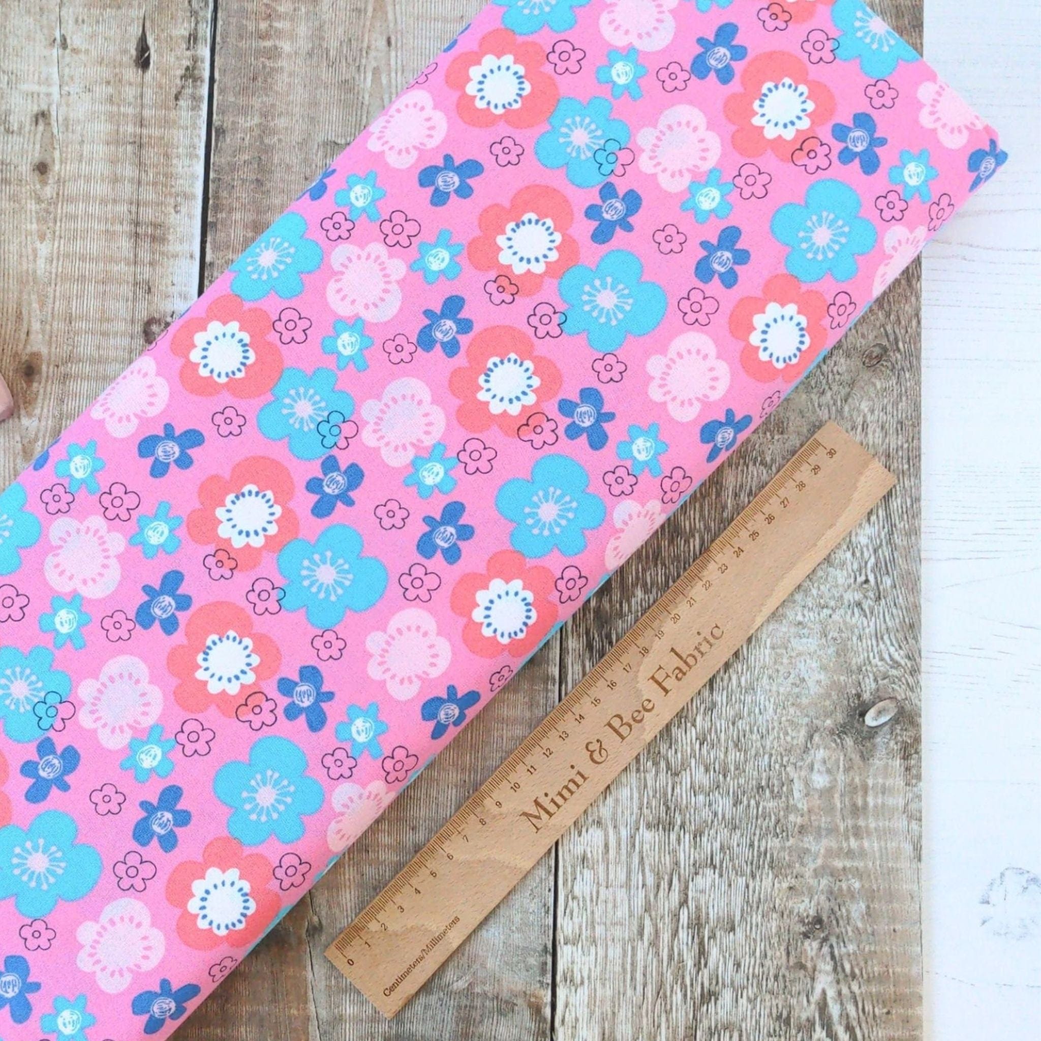 Fabric Bright pink and blue floral 100% cotton fabric - 'Furry Friends' Fabric Editions