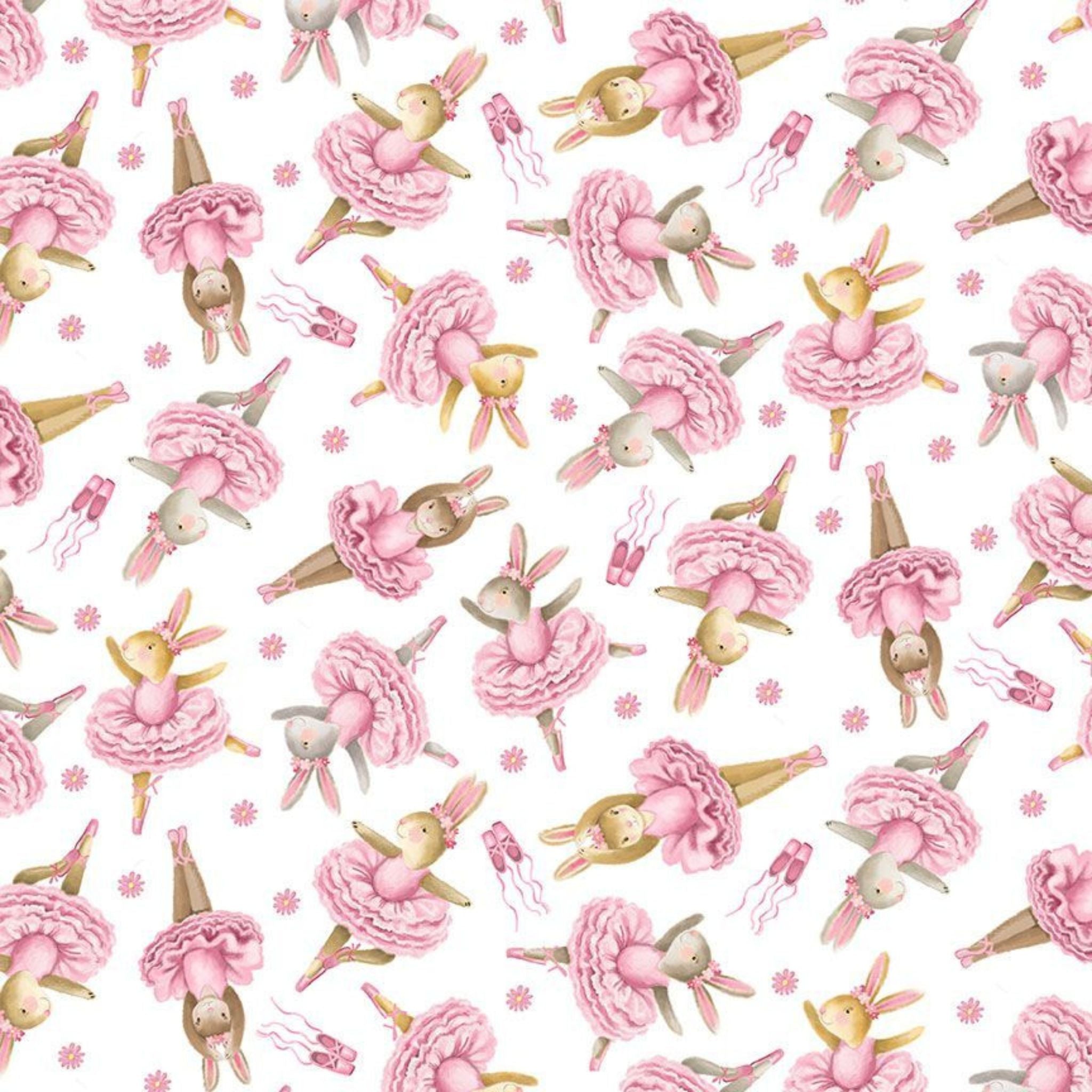 Bunny rabbits ballet dancing in pink tutus on a white cotton fabric - ballerina bunnies by Timeless Treasures