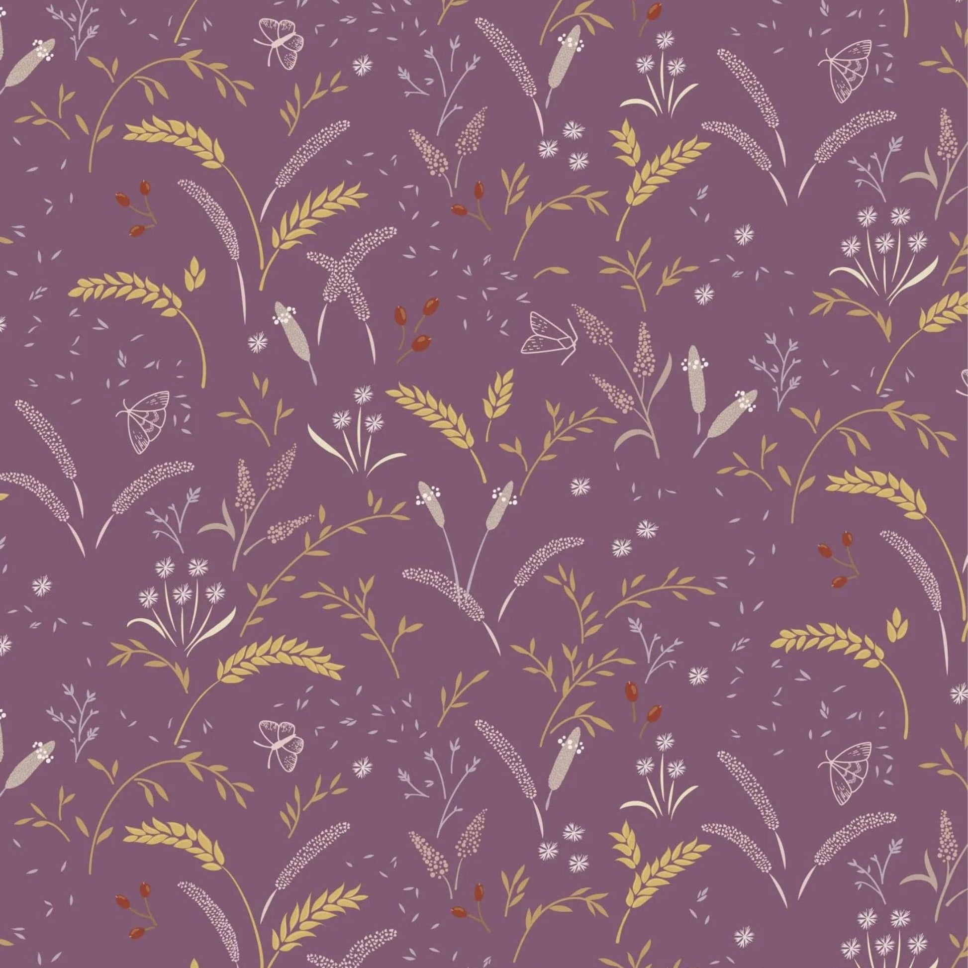 Fabric Butterflies and grassfield on purple cotton fabric - Meadowside by Lewis & Irene