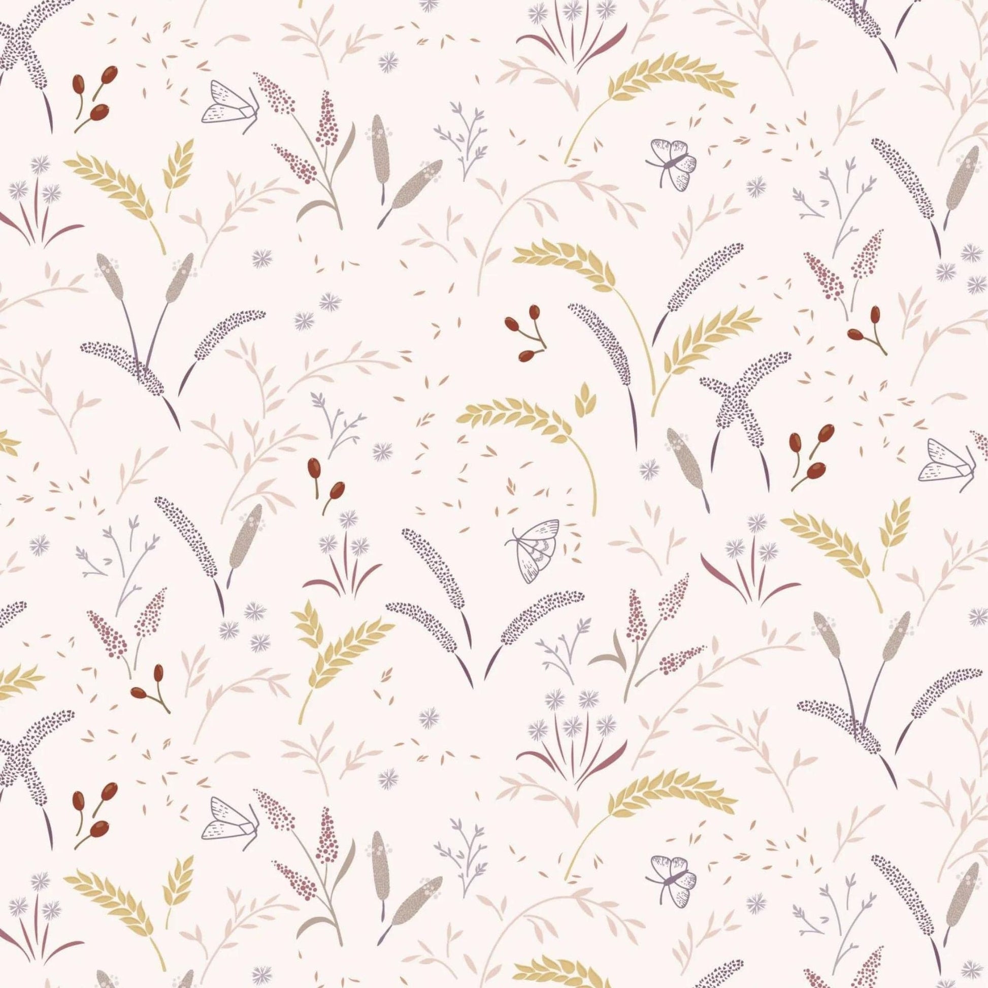 Fabric Butterflies and grassfields on pink cotton fabric - Meadowside by Lewis & Irene