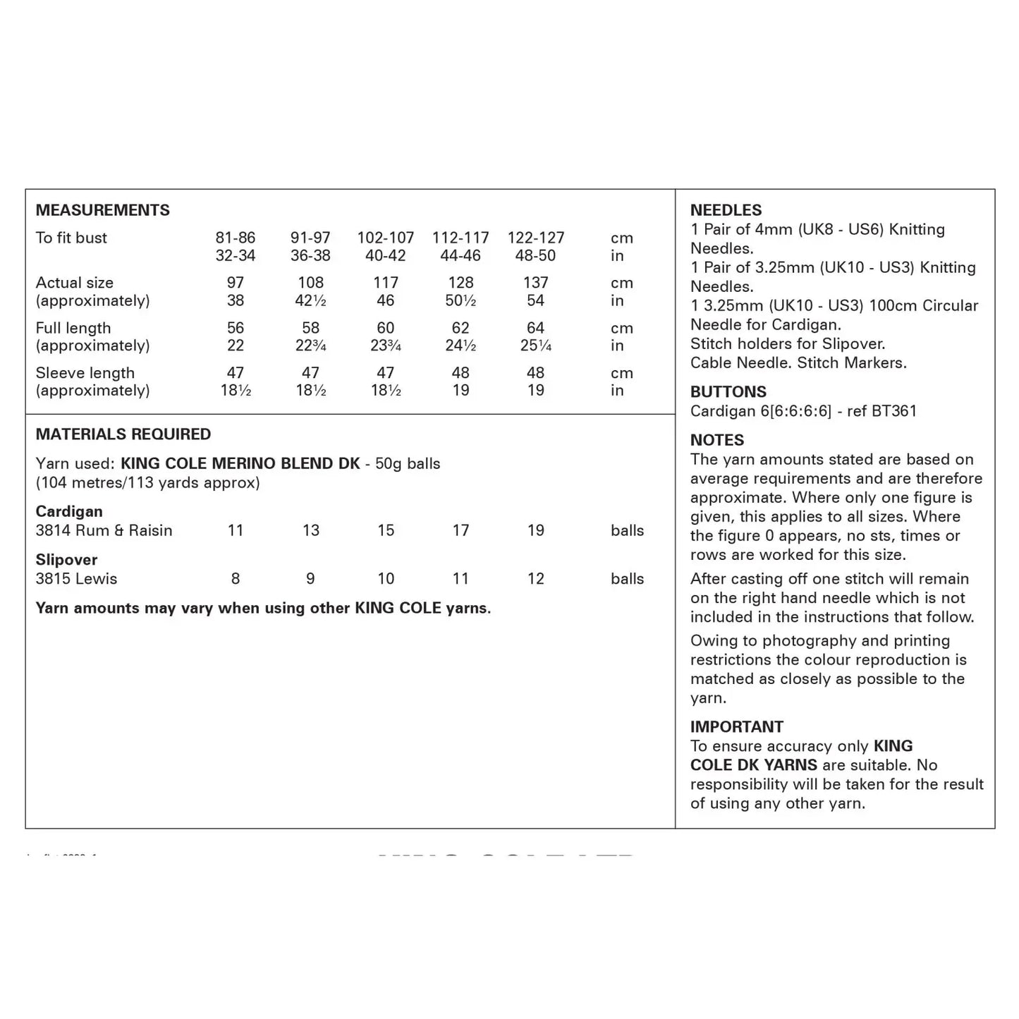 Cardigan and Slipover knitting pattern Double Knit - King Cole 6338