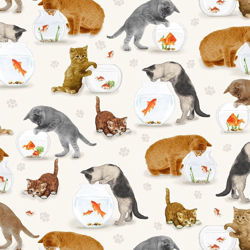 Fabric Cats and fish bowl fabric -You had me at Meow - Timeless Treasures
