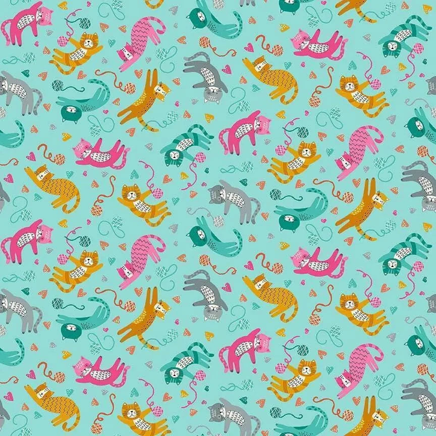 cotton fabric Cats and wool on teal - Whiskers - Makower