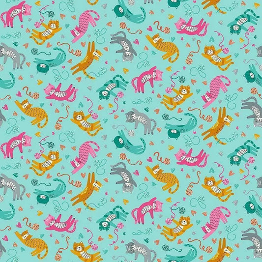 cotton fabric Cats and wool on teal - Whiskers - Makower