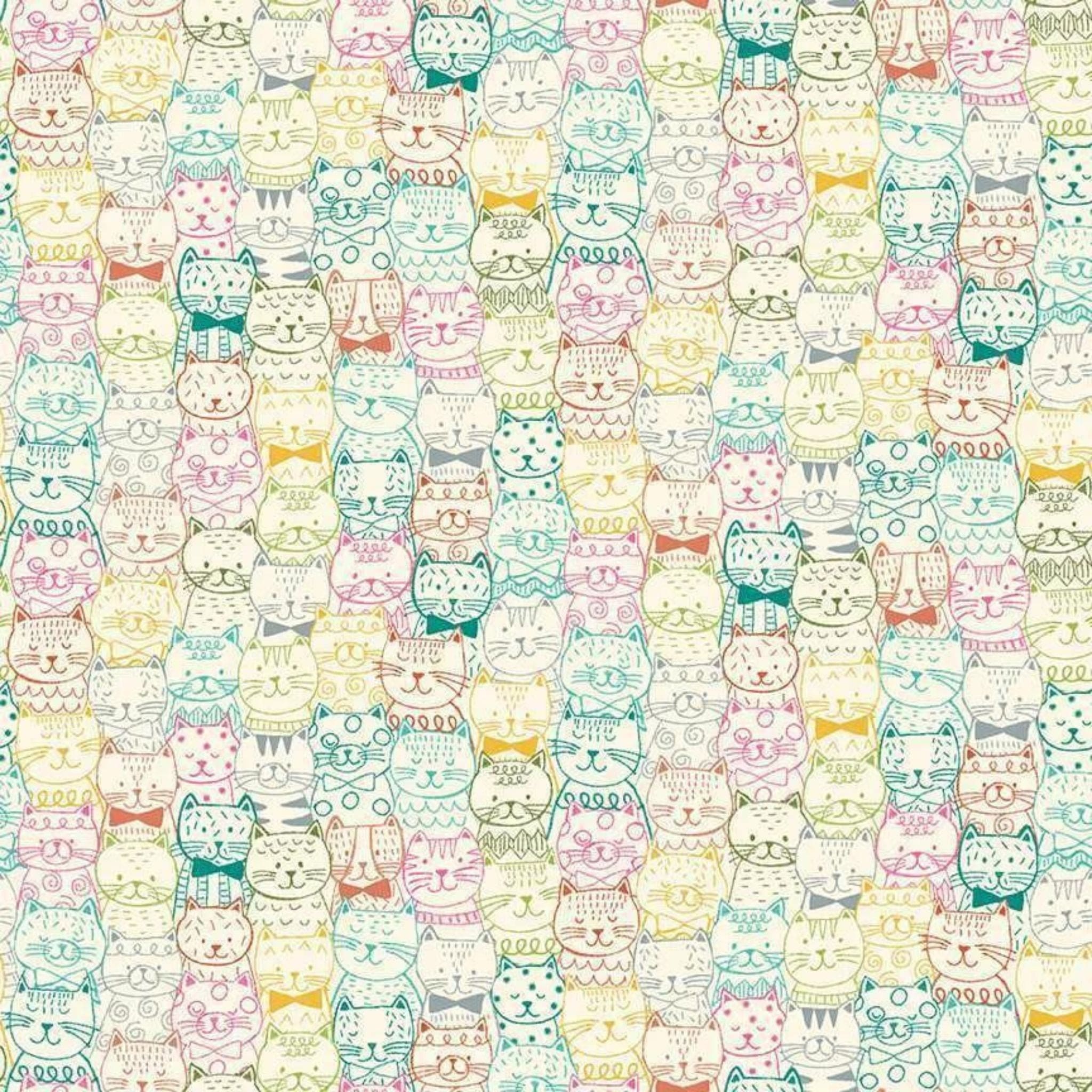 cotton fabric Cats and wool on teal - Whiskers - Makower