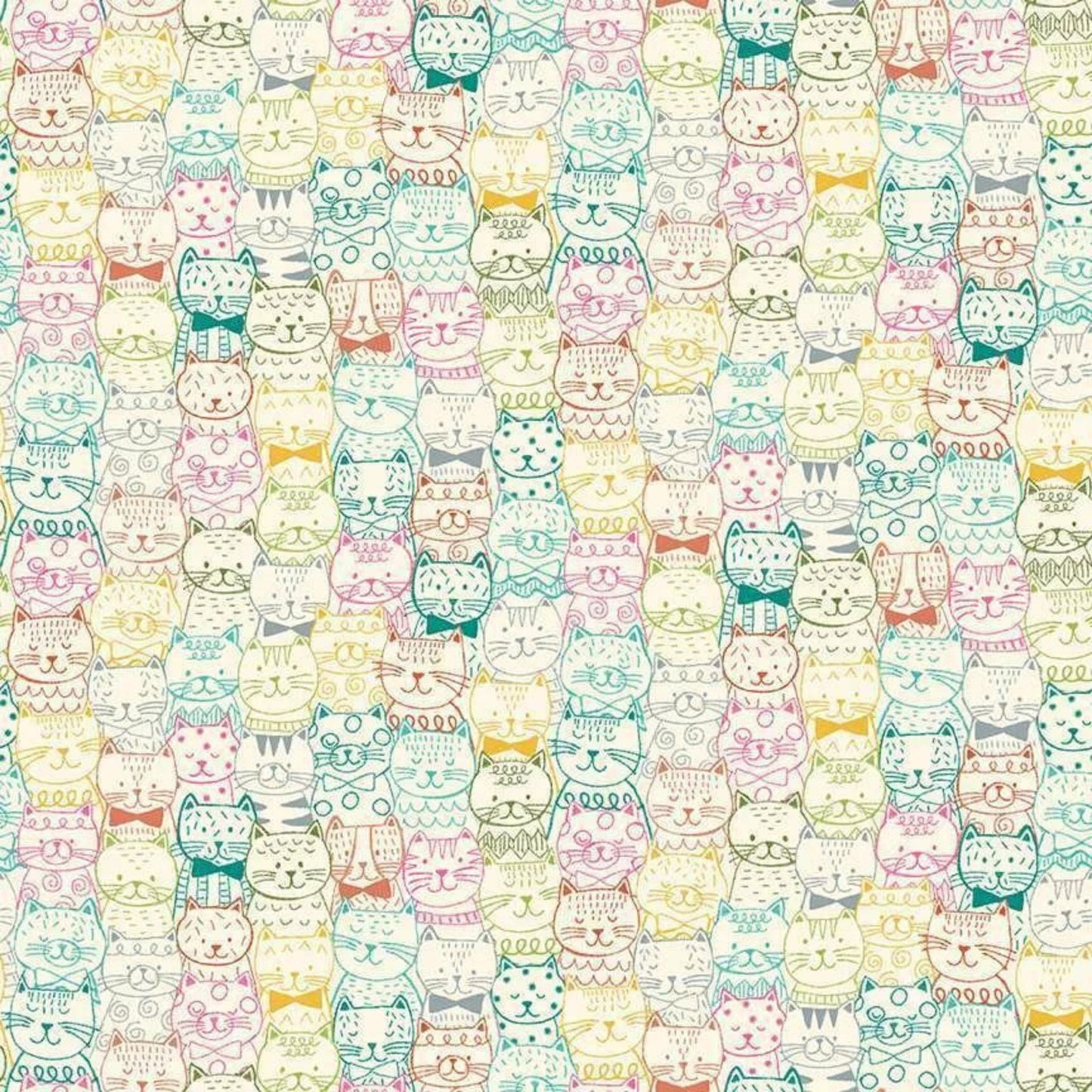 cotton fabric Cats and wool on teal - Whiskers - Makower