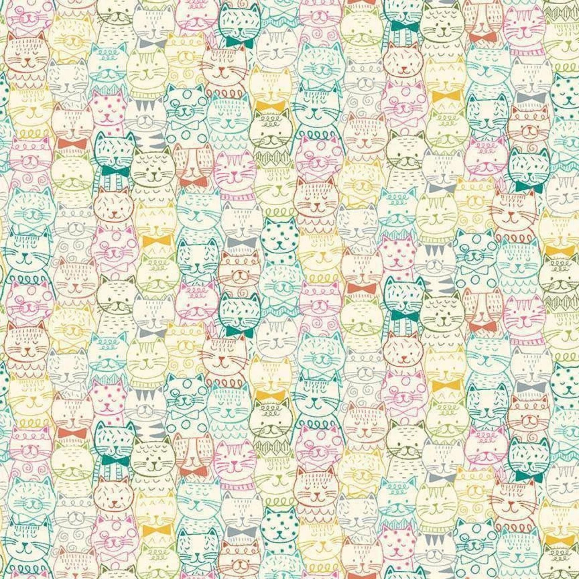 cotton fabric Cats and wool on teal - Whiskers - Makower
