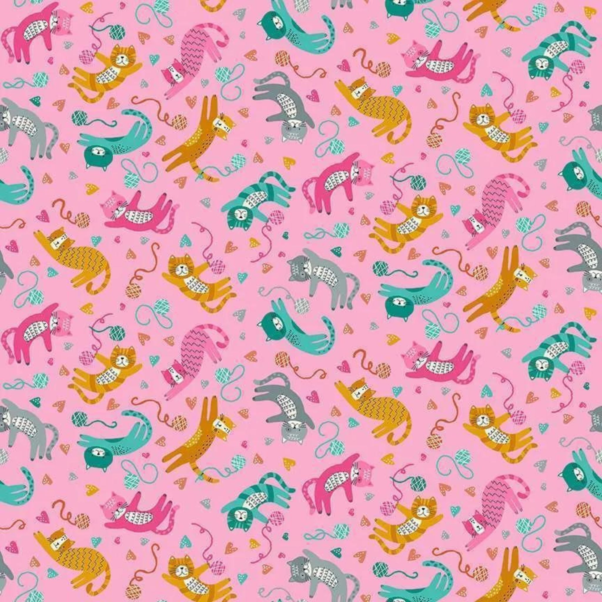 Brightly coloured cats on pink cotton fabric - Whiskers - Makower