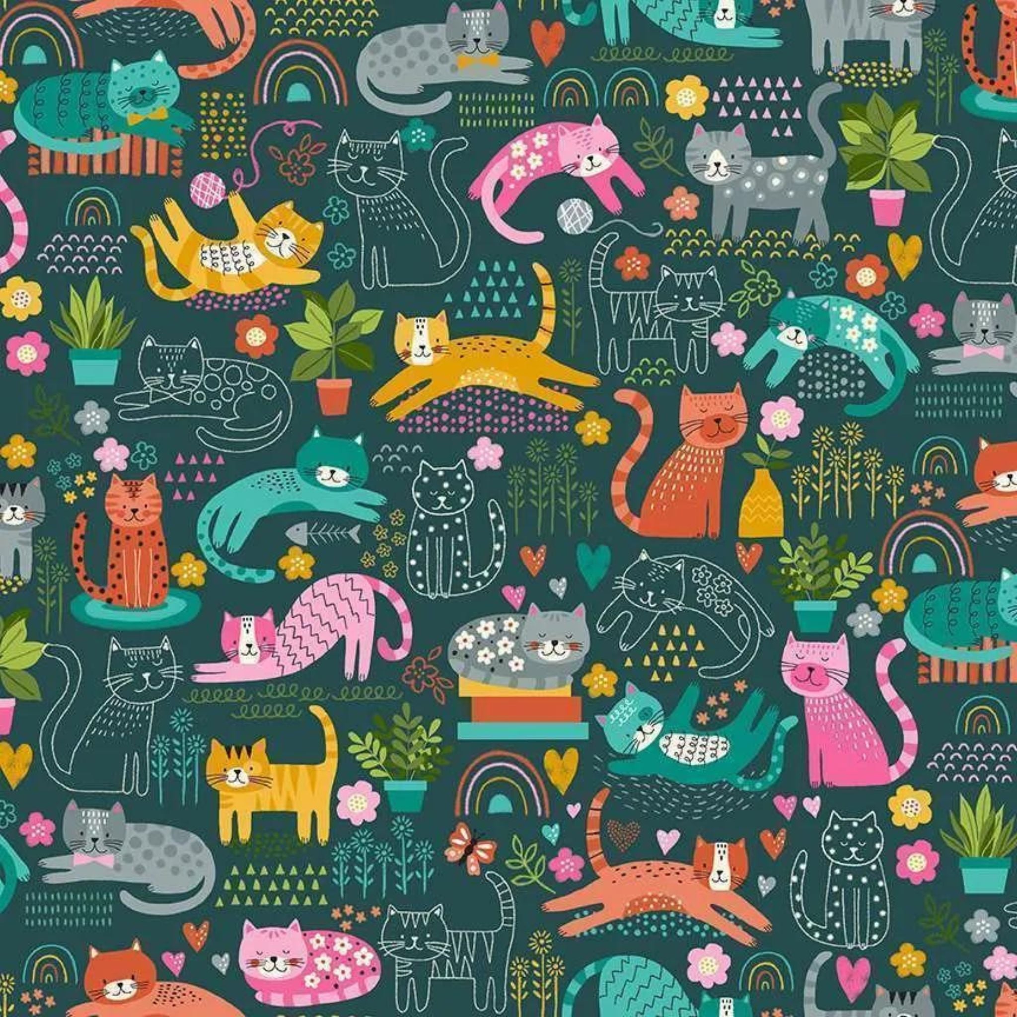 Brightly coloured cats relaxing and playing on black cotton fabric - Whiskers - Makower