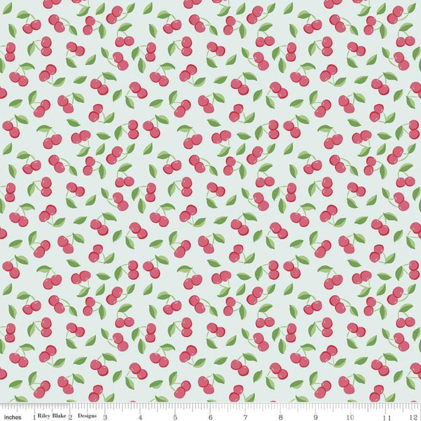 Fabric Cherries on green cotton fabric - Bleached Dream Summer Picnic - Riley Blake