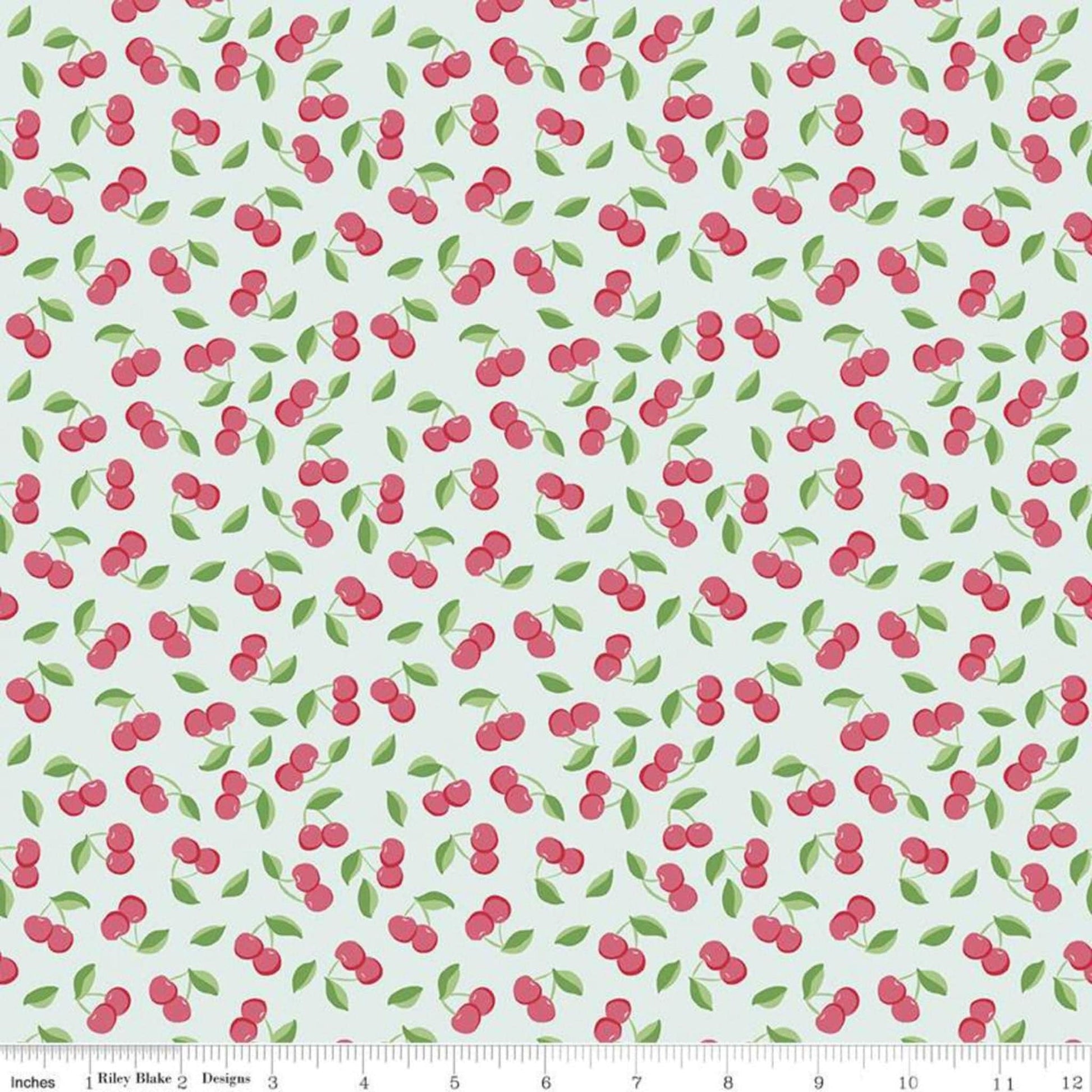 Fabric Cherries on green cotton fabric - Bleached Dream Summer Picnic - Riley Blake
