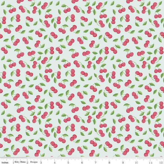 Fabric Cherries on green cotton fabric - Bleached Dream Summer Picnic - Riley Blake