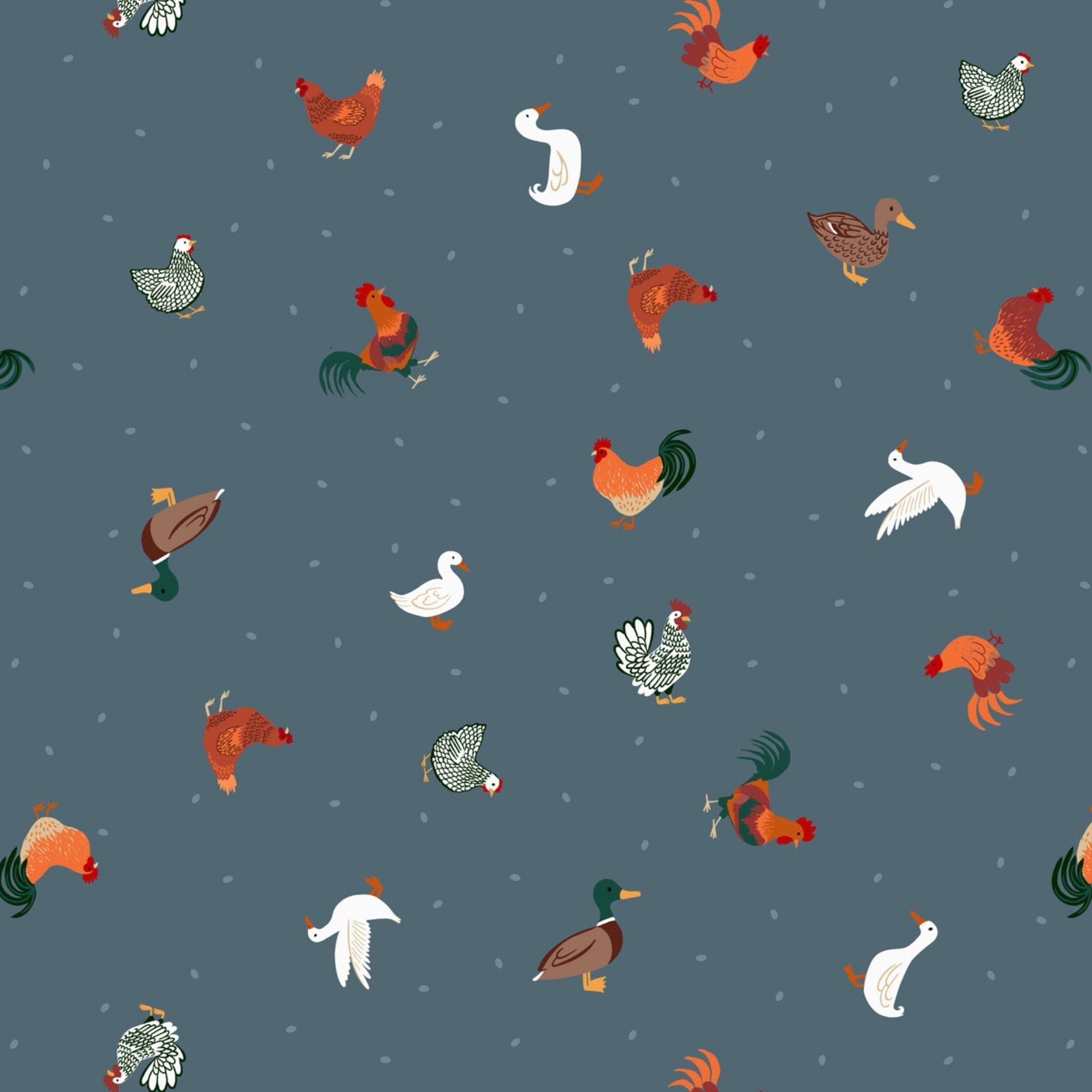 Small ducks, roosters and chickens on a blue cotton fabric - Countryside by Lewis and Irene