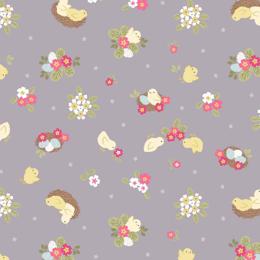 Fabric Chicks Nests Eggs and Floral Grey/Purple quilting cotton fabric - Bunny Hop by Lewis & Irene