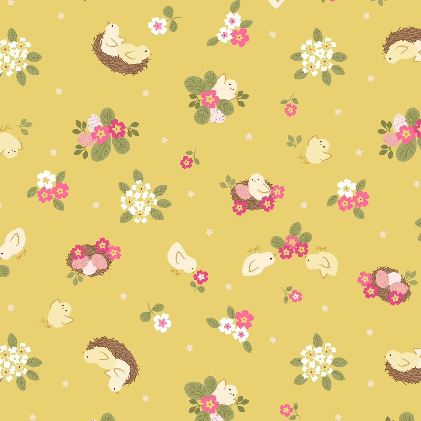 Fabric Chicks Nests Eggs and Floral Yellow quilting cotton fabric - Bunny Hop by Lewis & Irene