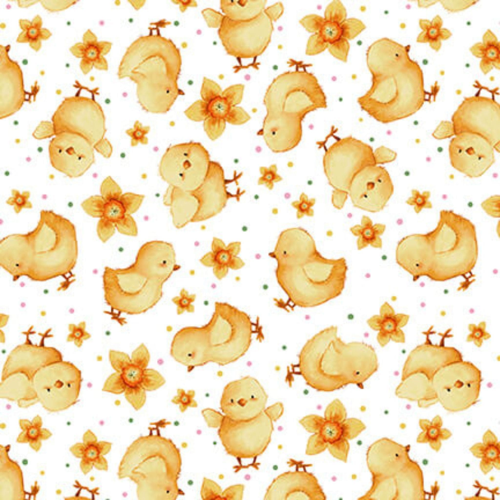 Fabric Chicks on white cotton - Easter Fun - Henry Glass