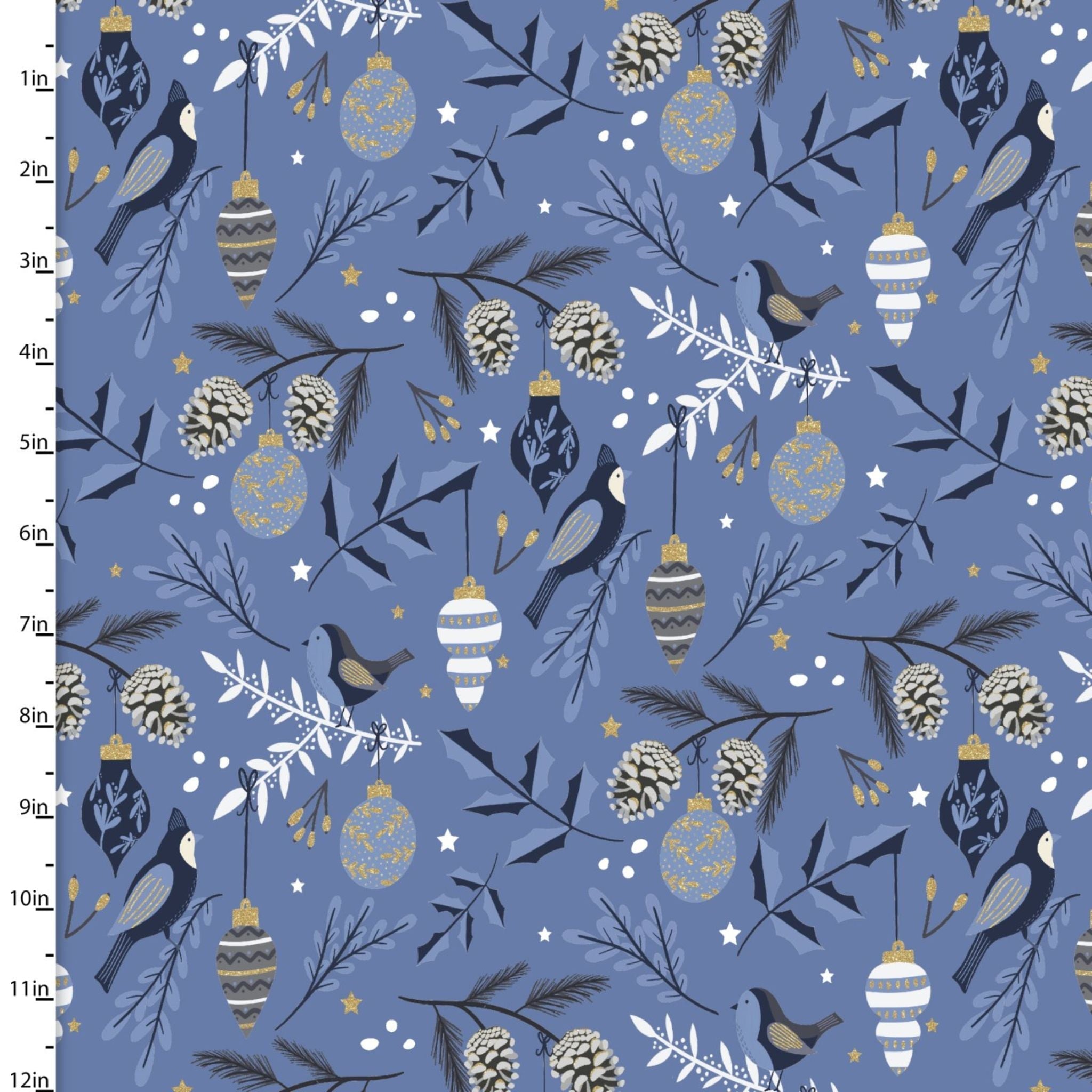 Christmas birds in the trees with gold accented baubles on blue cotton fabric - Majestic Winder by 3 Wishes