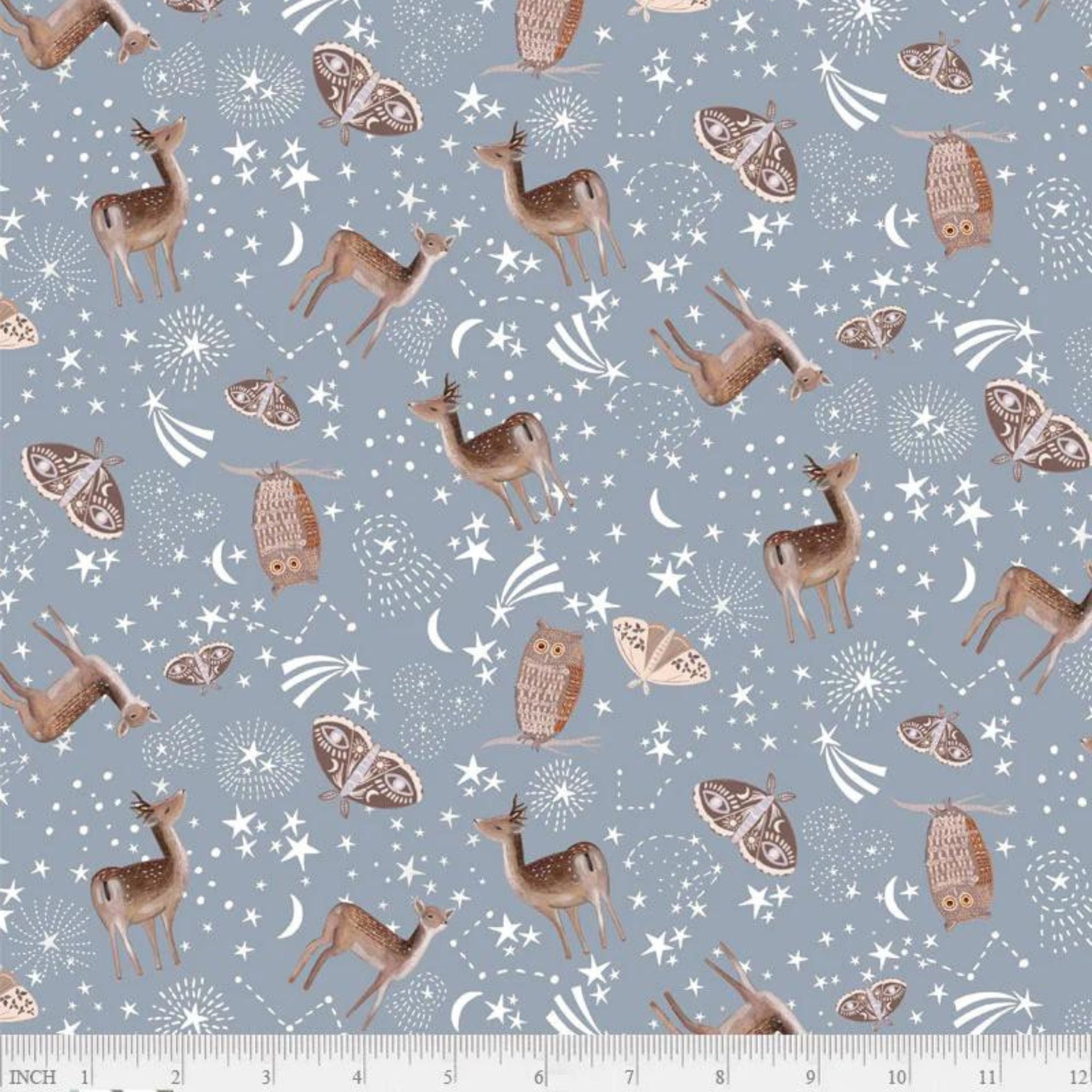 Deer under the night sky with owls and moths - Fawn'd of You by P & B Fabrics