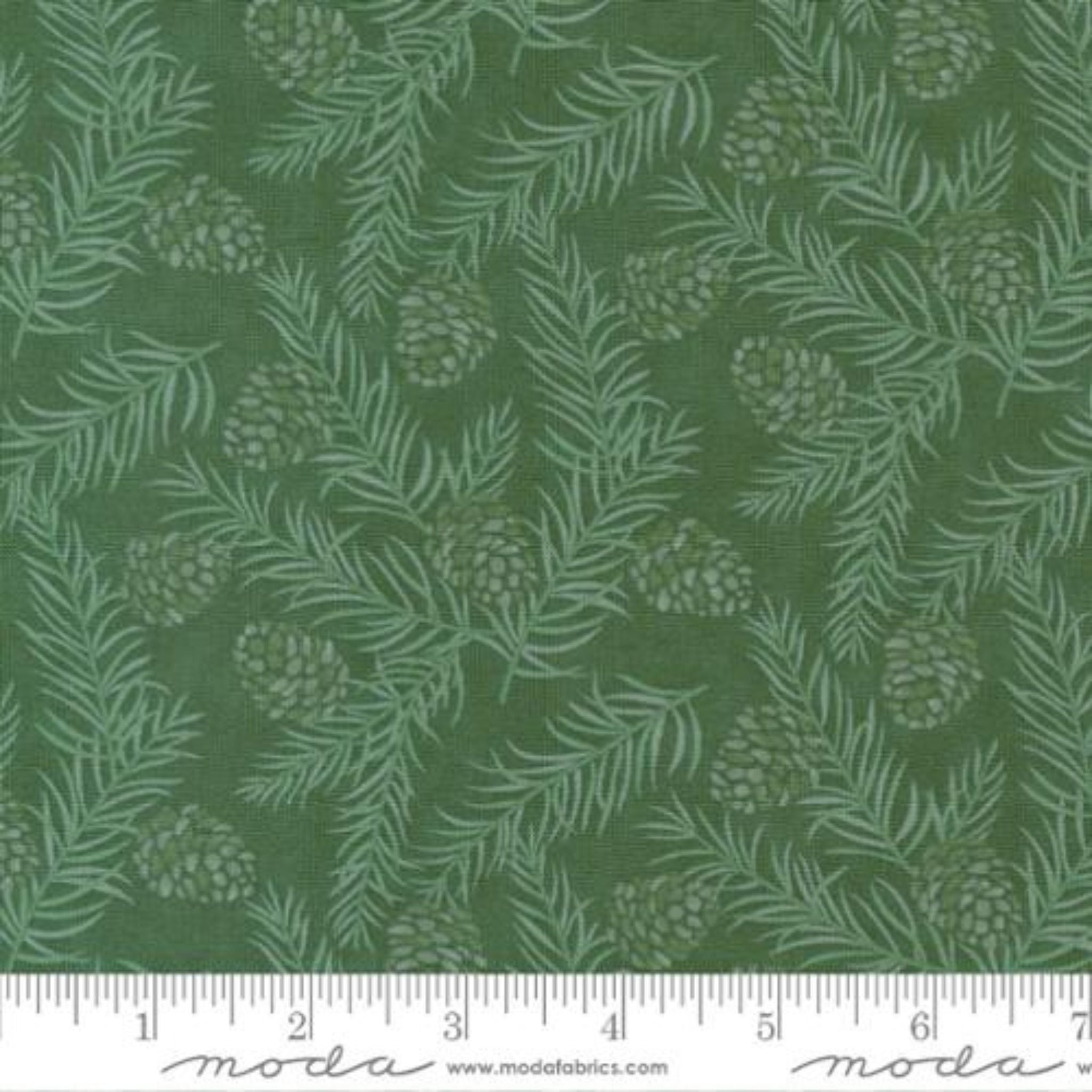 pine cones and fetive foliage on green cotton fabric - Holidays at Home by Moda