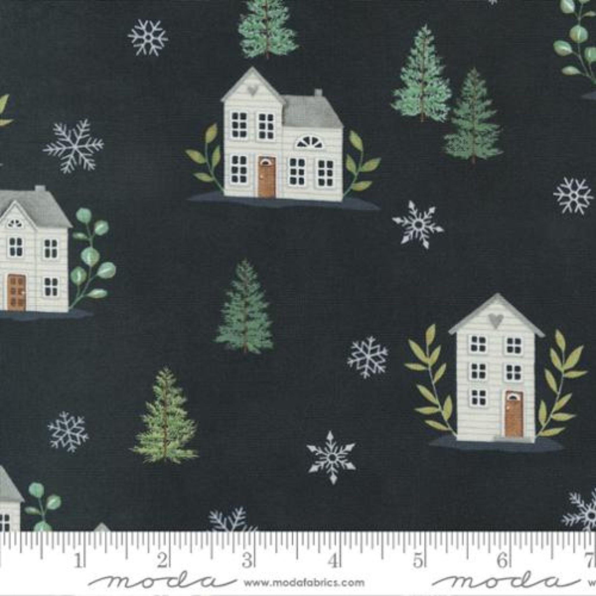 White Christmas houses on black cotton fabric - Holidays at Home by Moda