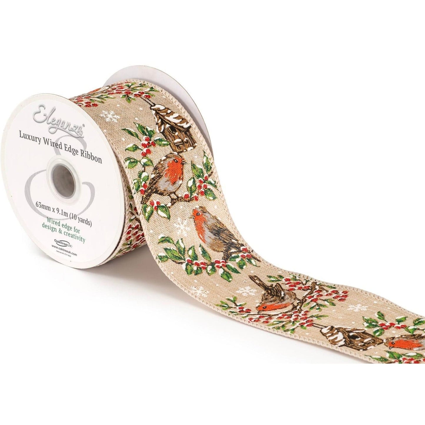 ribbon Christmas robin and bird house wired ribbon - Eleganza